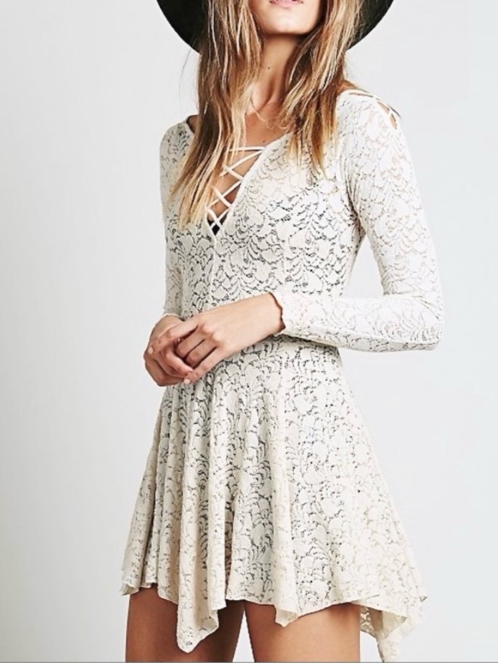Free People Cream Lace Long-Sleeve Crisscross V-Neck Fit & Flare Dress